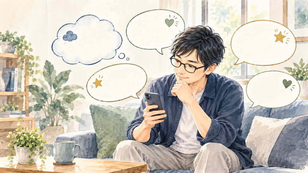 スマートフォンでアンバーライフの口コミを確かめる男性のイラスト