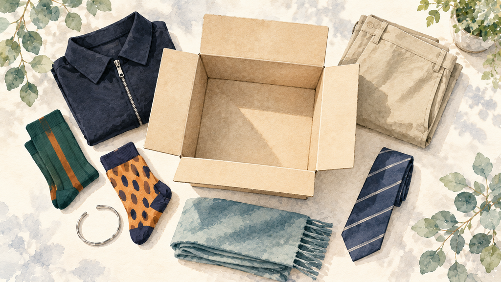 定期便の箱と新品の服や靴下・ストール・バングルのイラスト