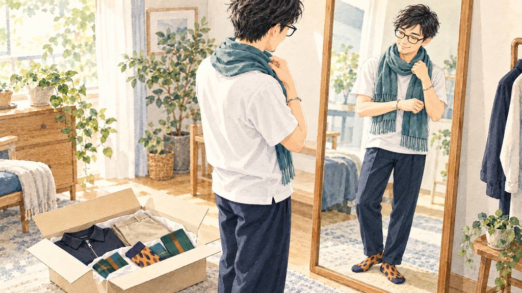 届いたストールとバングルを私服に合わせて鏡で確かめる男性のイラスト