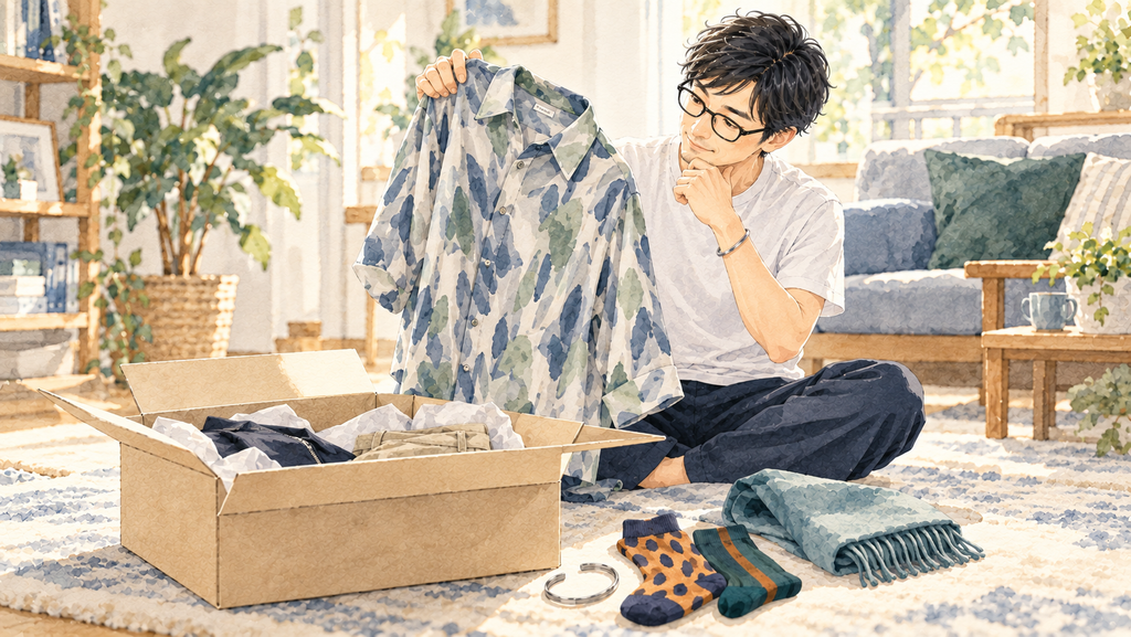 届いた柄シャツの着こなしを考える男性のイラスト