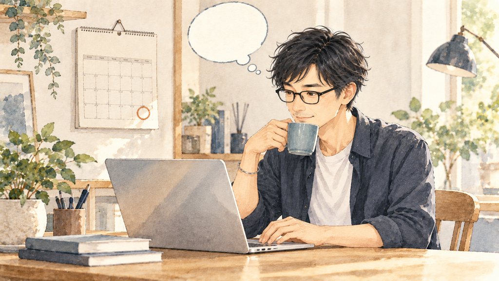 カレンダーを見ながら定期便の疑問を調べる男性のイラスト