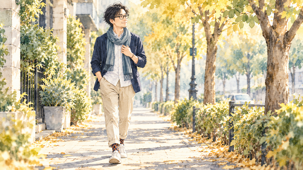 ストールや柄靴下を取り入れた私服で街を歩く男性のイラスト