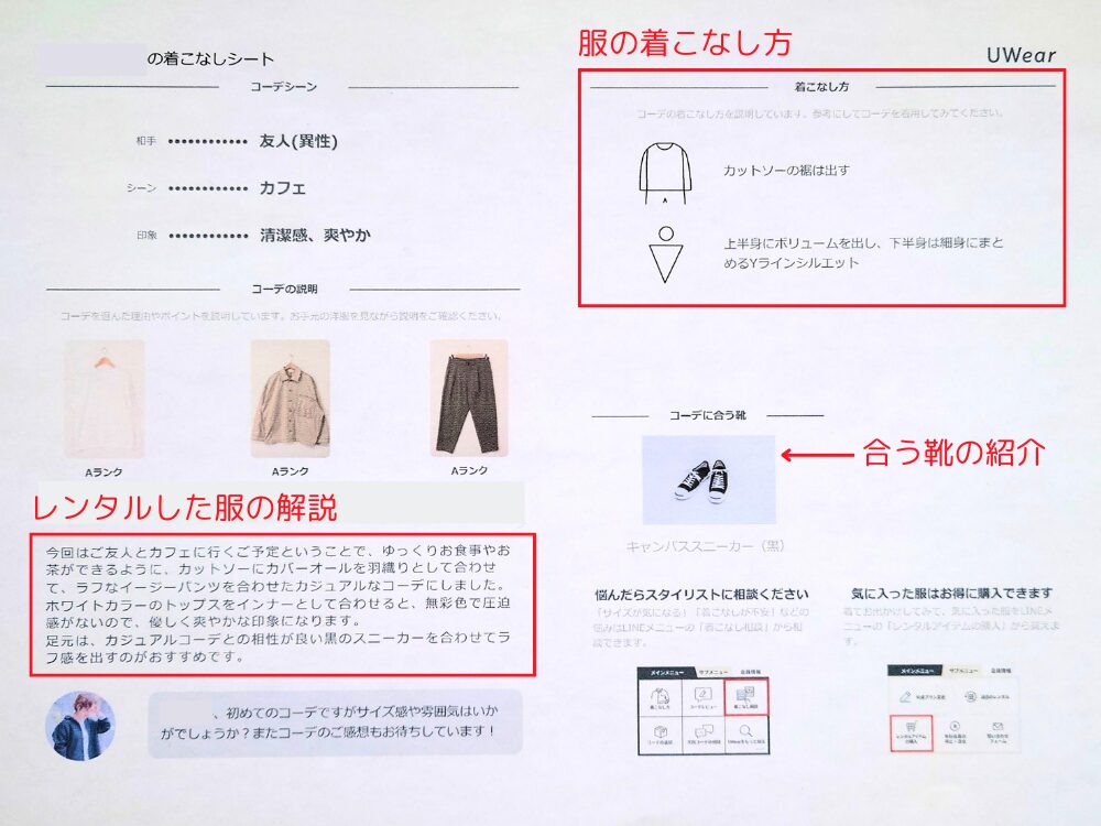 着用時の参考になる着こなしシートの内容説明