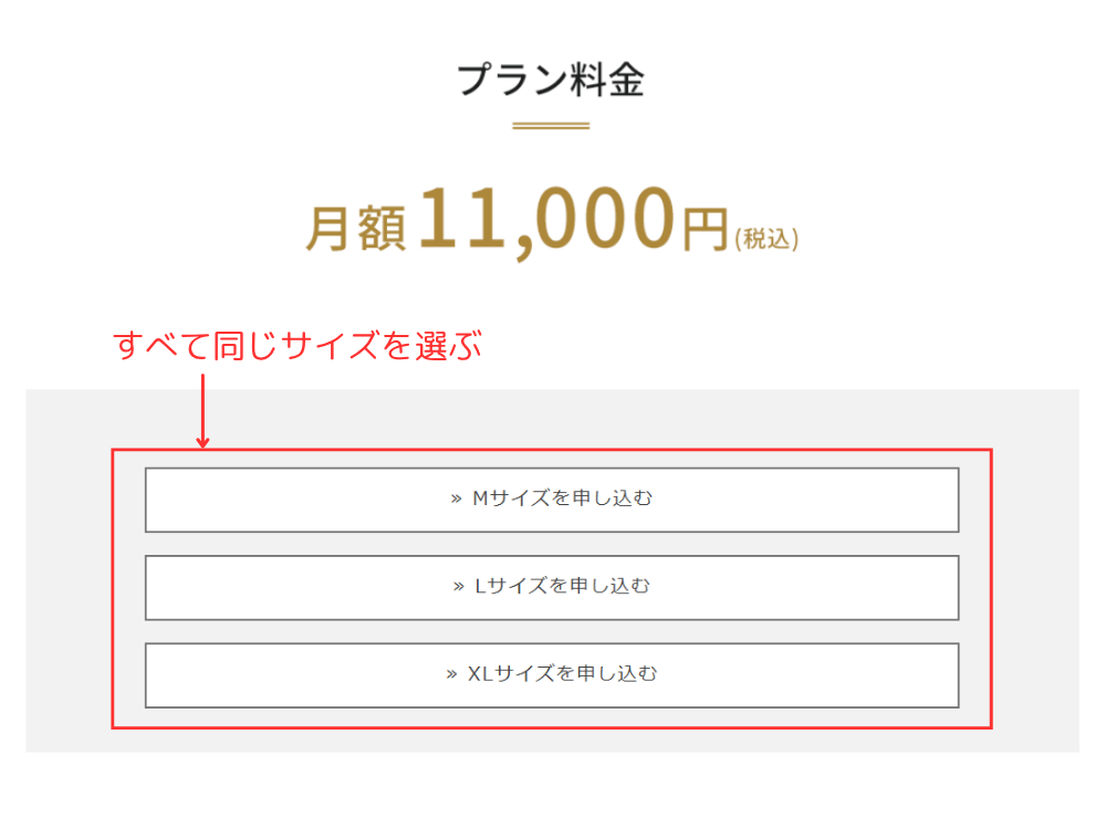 すべて同じサイズしか選べない