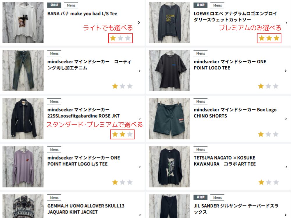 料金プランと選択できる商品ランク