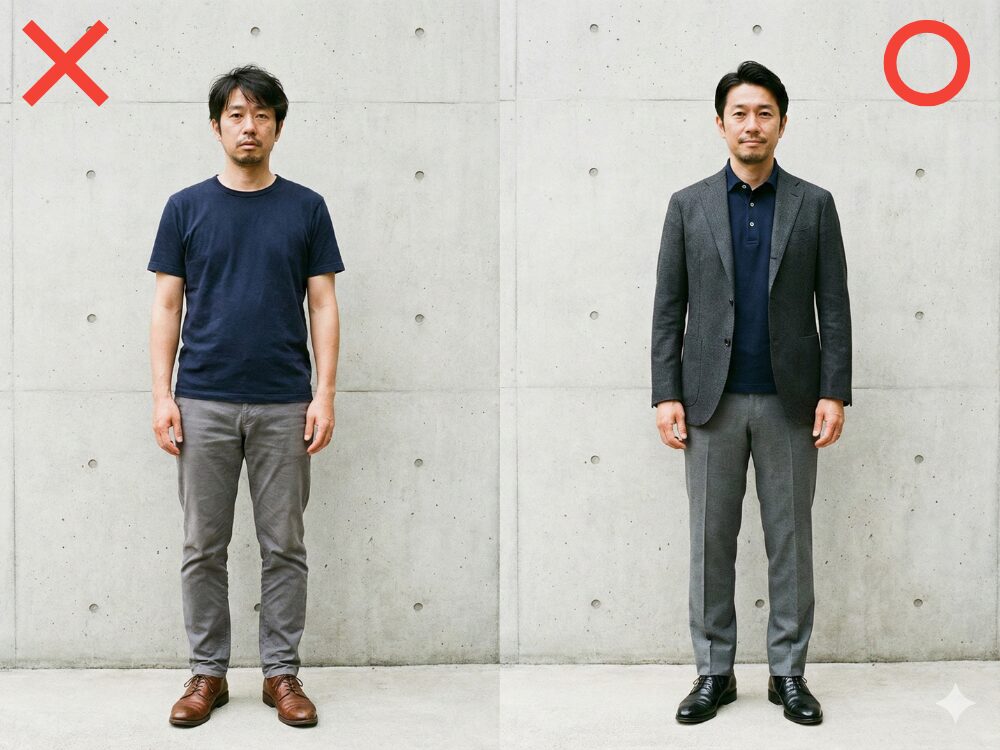 ジャケットと襟付きの徹底