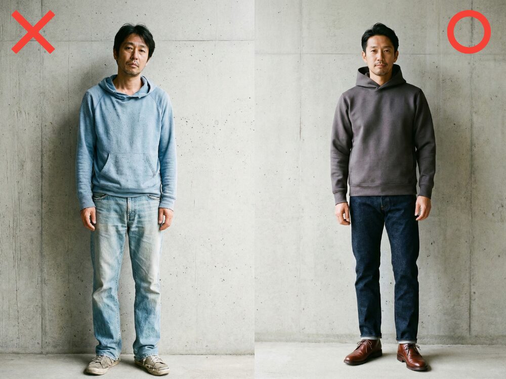 パーカーのヨレによる印象の違い