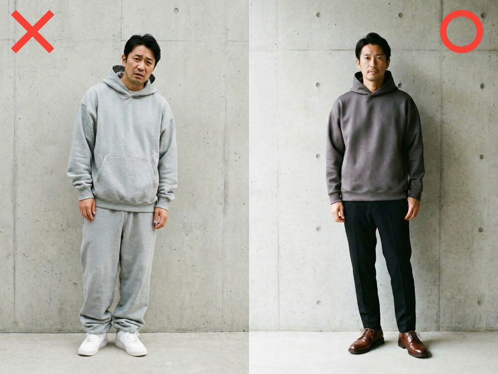 上下グレーの過度なオーバーサイズと年齢に合った色とサイズ感のコーデの比較