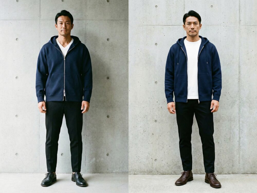 ストレート（筋肉質）に適するジップアップのパーカーの着用画像