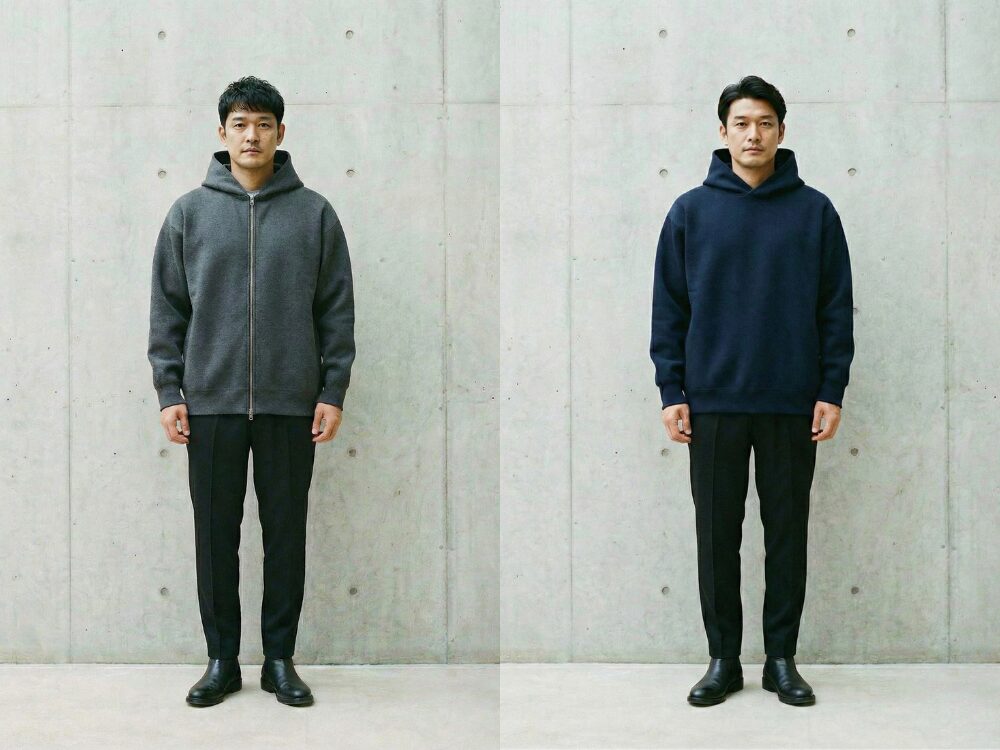 ナチュラル（骨太）に適する厚手のオーバーサイズなパーカーの着用画像