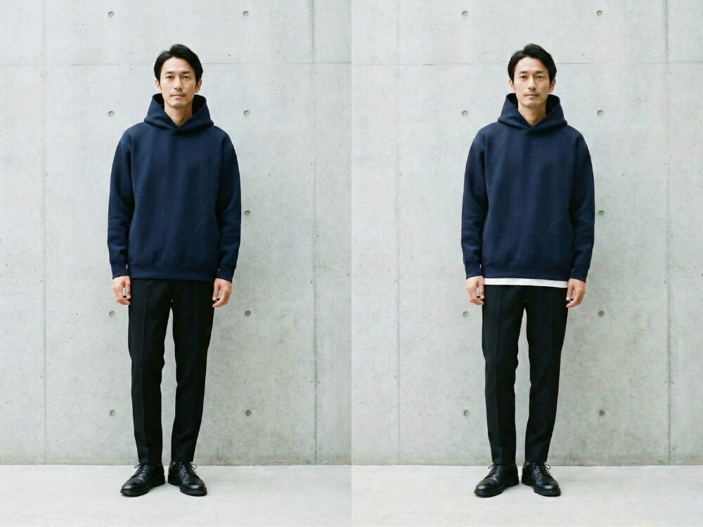 白Tシャツのレイヤードのあるなしの着用画像の比較