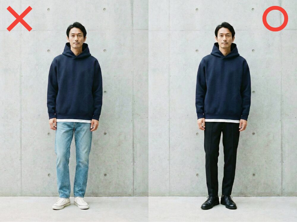 カジュアルなデニムと大人っぽいスラックスをパーカーと合わせたときの着用画像の比較