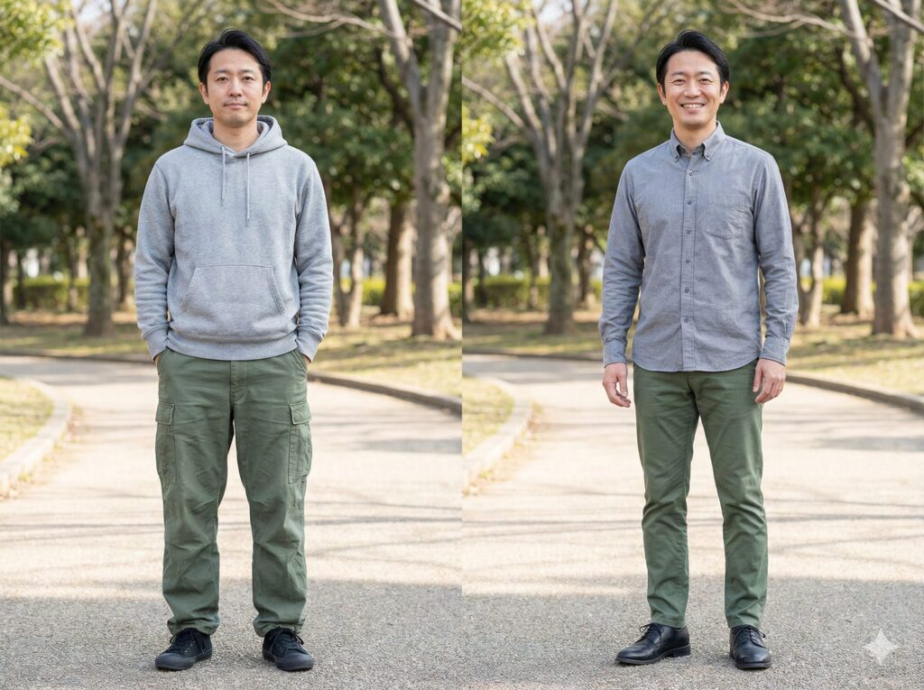 トップスに襟のない服装と襟のある服装の比較