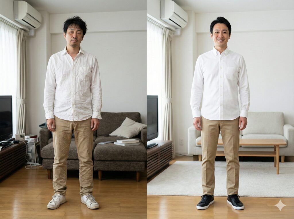 シワシワで清潔感のない服装とキレイで清潔感のある服装の比較