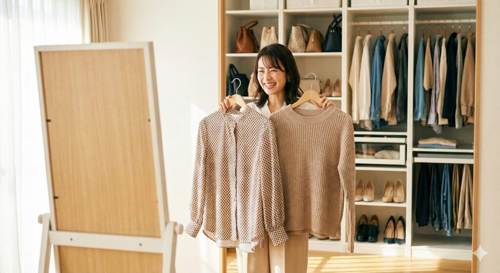 いろいろな服を楽しんでいる女性