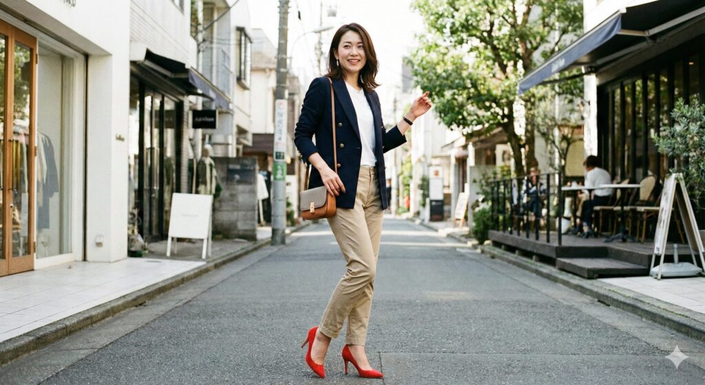 サブスクの服と小物を合わせてオシャレを楽しんでいる女性