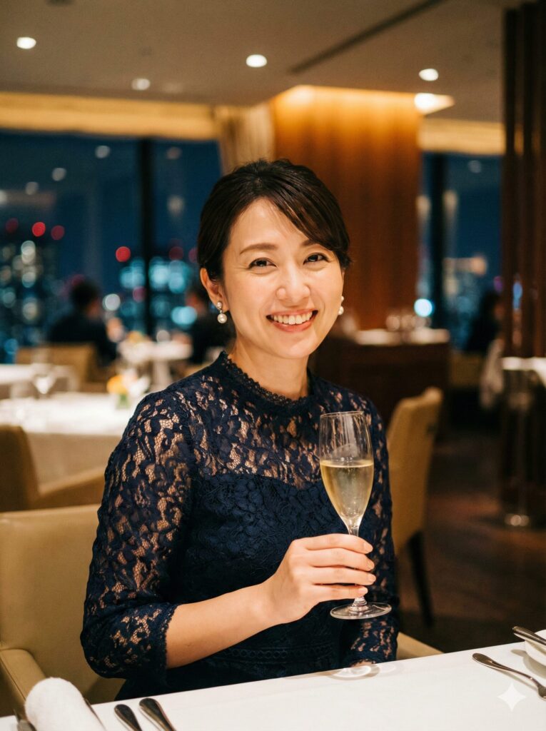 上品な服を着てディナーを楽しむ女性