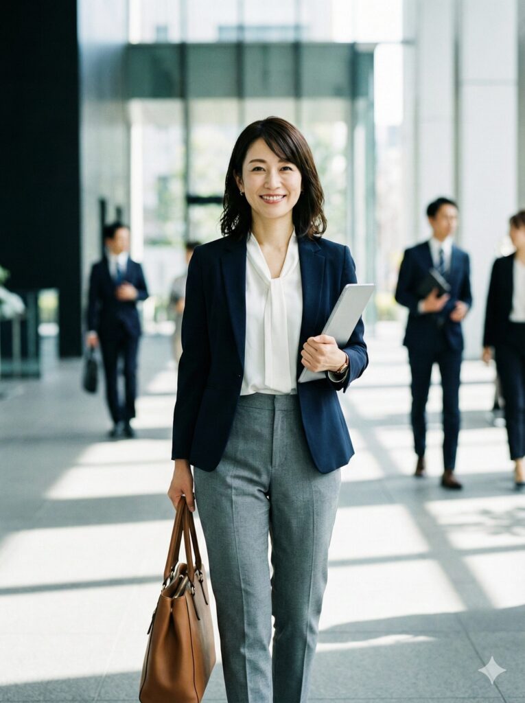 スマートなジャケットスタイルで仕事に向かっている女性