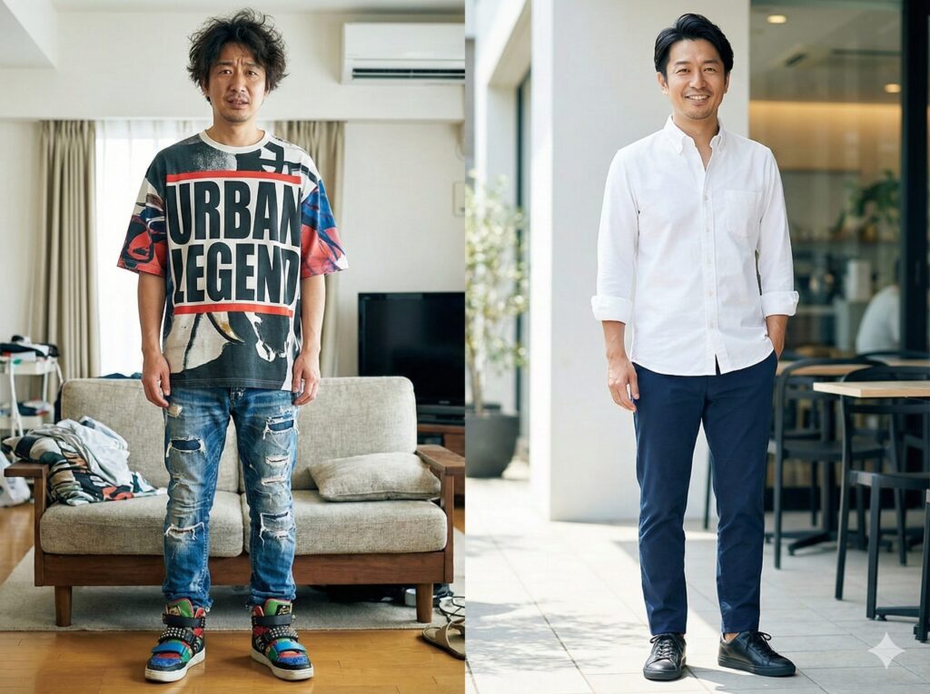 年相応ではない服装と40代に相応しい服装の比較