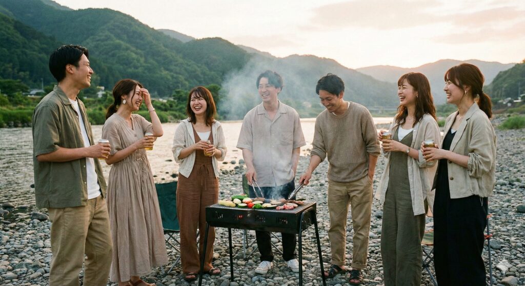 サブスクから届いた服を着て会社の同僚とBBQしている様子