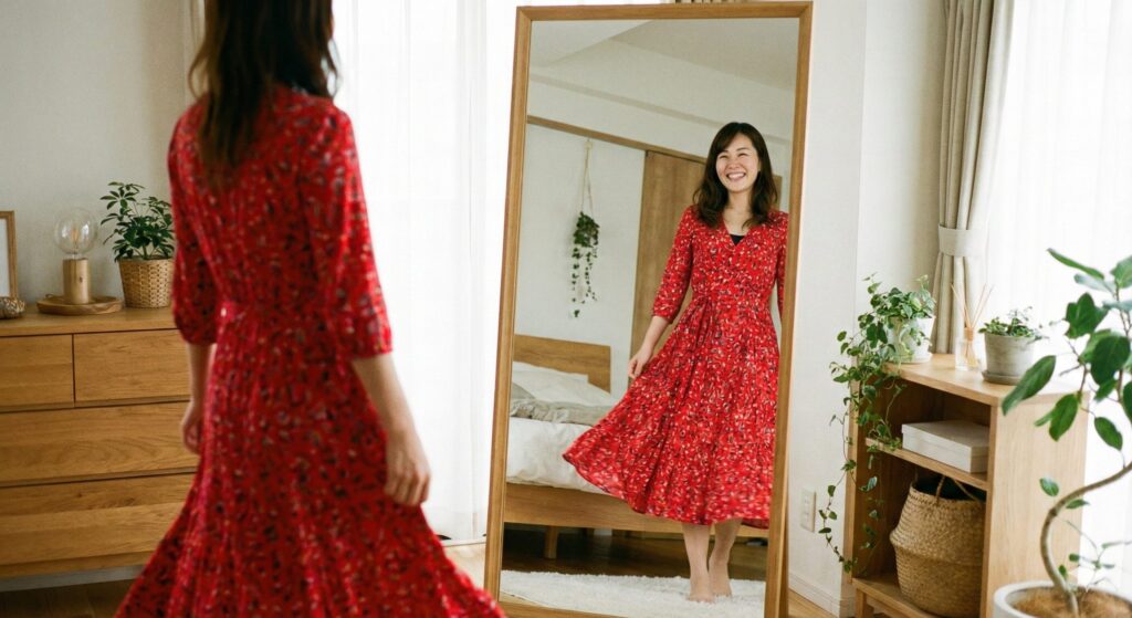 普段選ばないカラーや柄の服に挑戦している女性