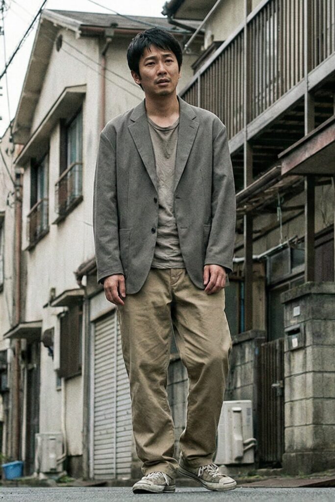 サイズが合わず野暮ったい服装の男性