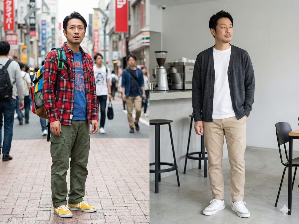 色数の多い服装と3色以内に抑えた服装の比較