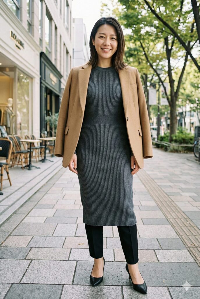 体型に合わせたキレイなバランスの服装をしている女性