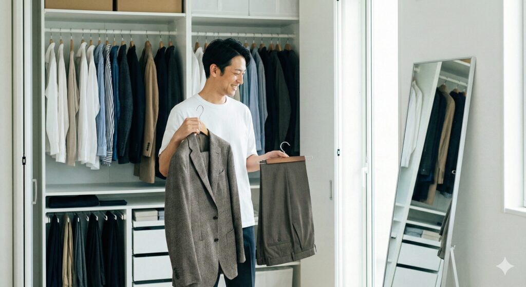 手持ちの服と届いた服を合わせている男性