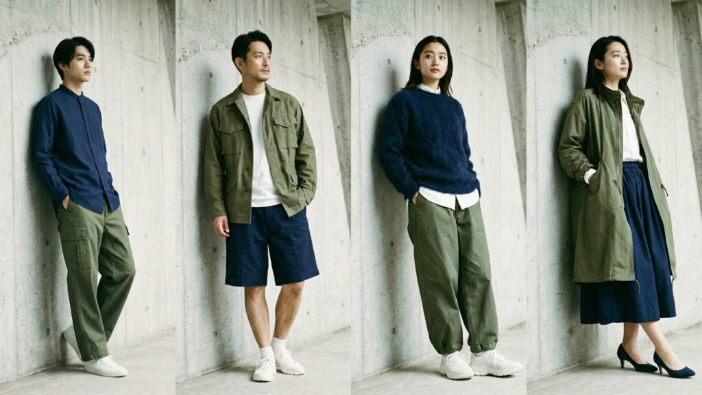 ネイビーとオリーブを組み合わせた着用画像