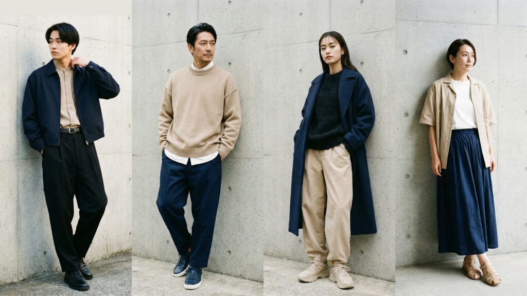 ベージュとネイビーを組み合わせた着用画像