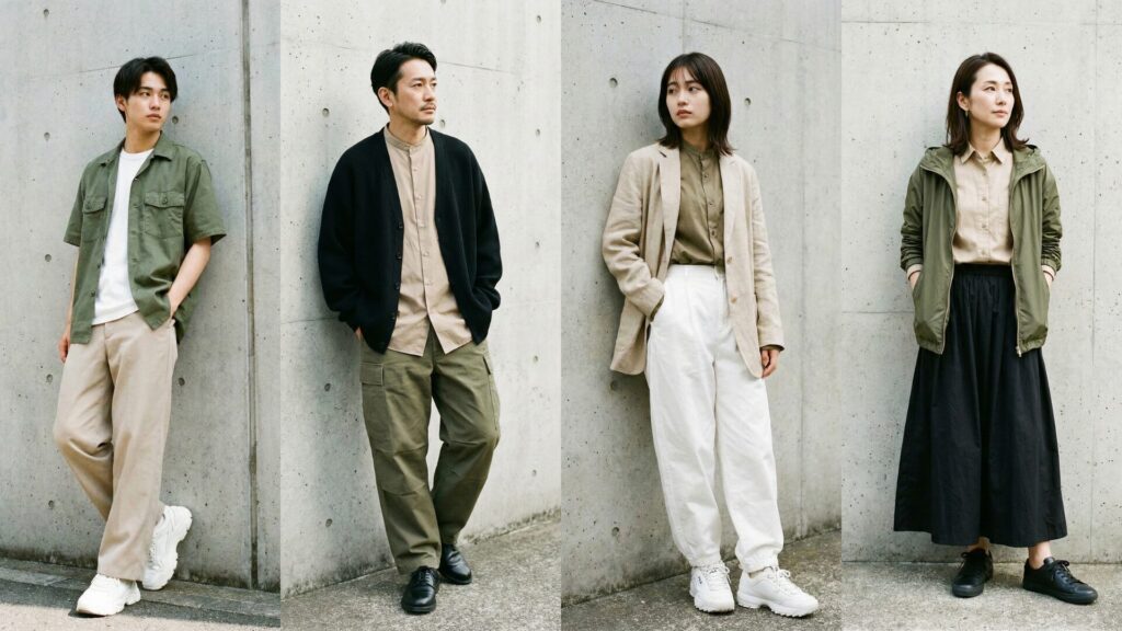 ベージュとオリーブを組み合わせた着用画像