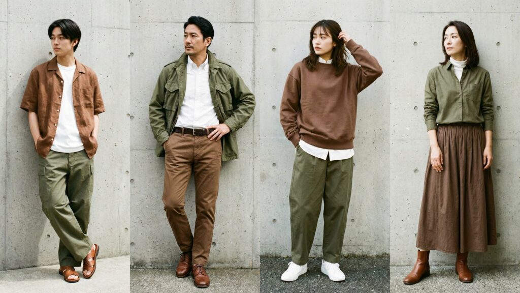 ブラウンとオリーブを組み合わせた着用画像