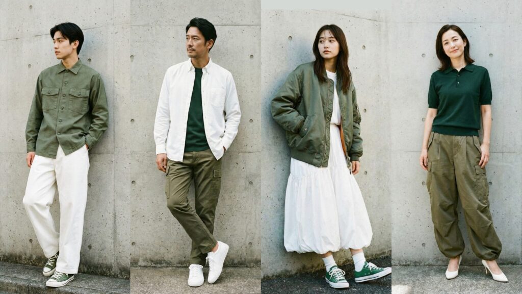 オリーブとグリーンを組み合わせた着用画像