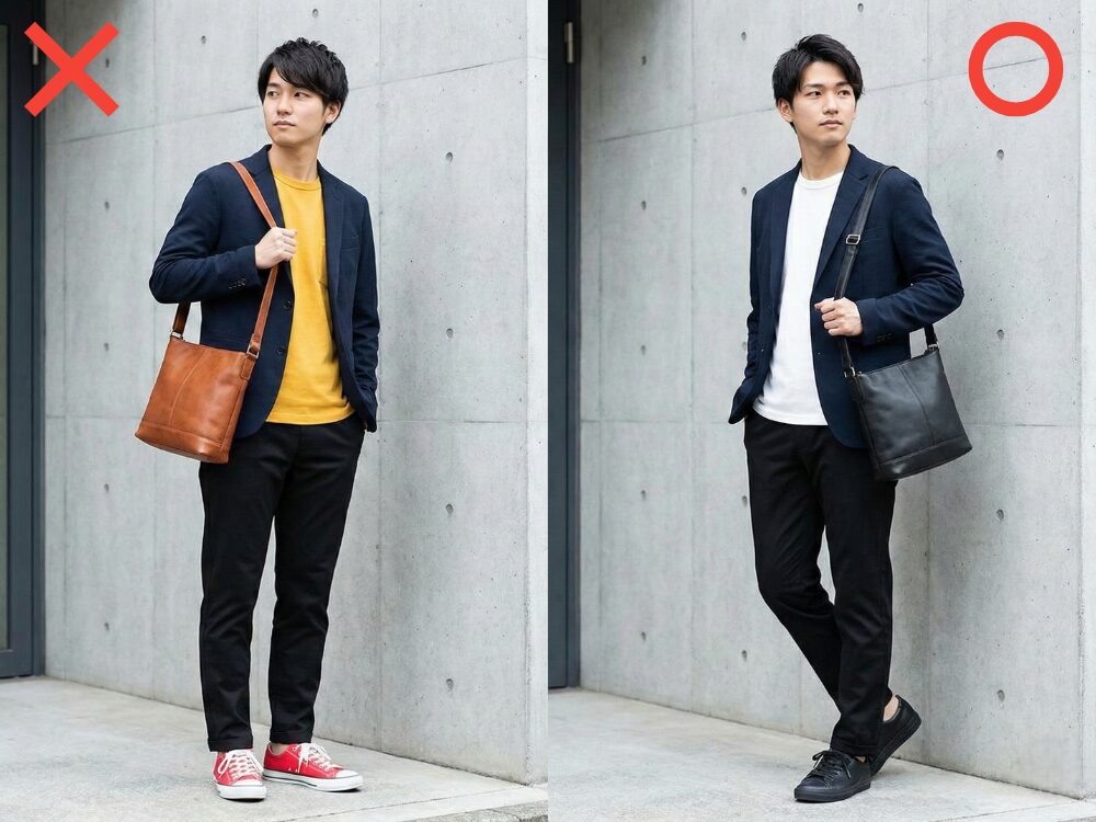 男性の色数の違うコーディネートの比較