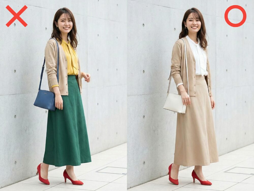 女性の色数の違うコーディネートの比較