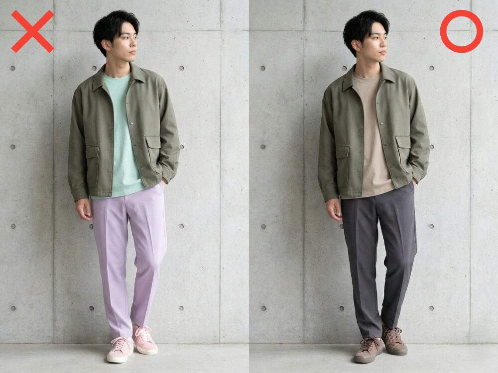 男性のトーンの違うコーディネートの比較