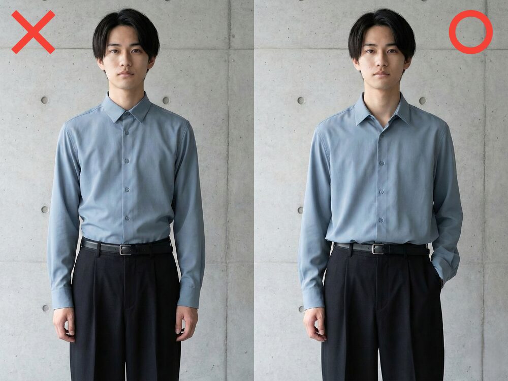 タックインした裾の調整による見た目の違い