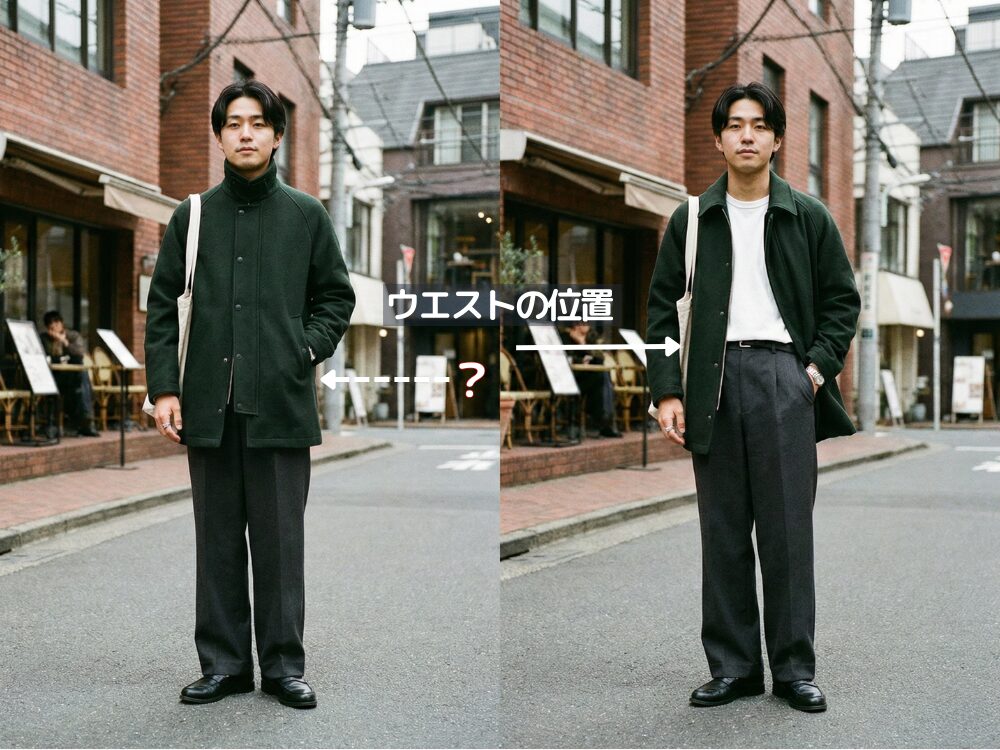 丈の長いアウターとタックインを合わせたコーディネート