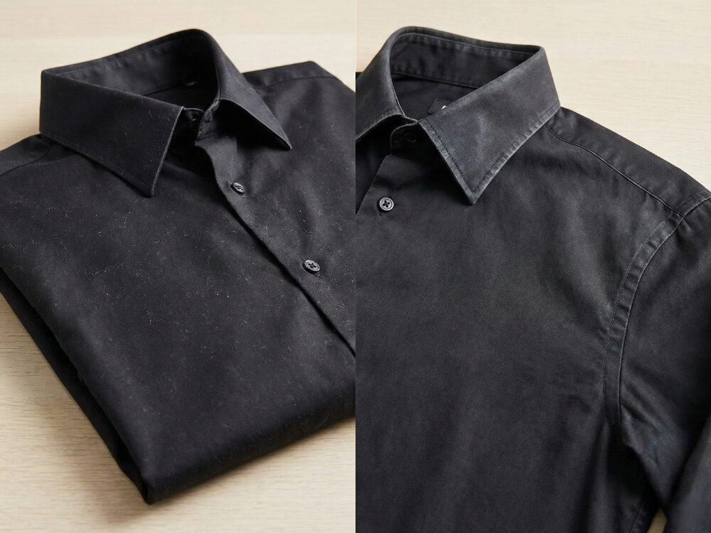 黒シャツの目立つほこりと色あせ