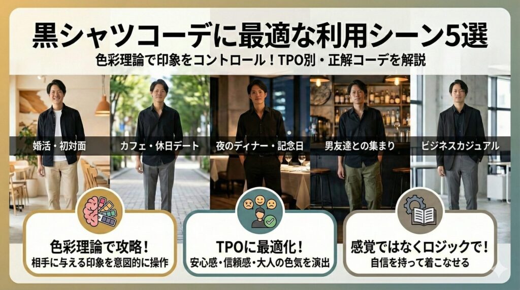黒シャツコーデに最適な利用シーン