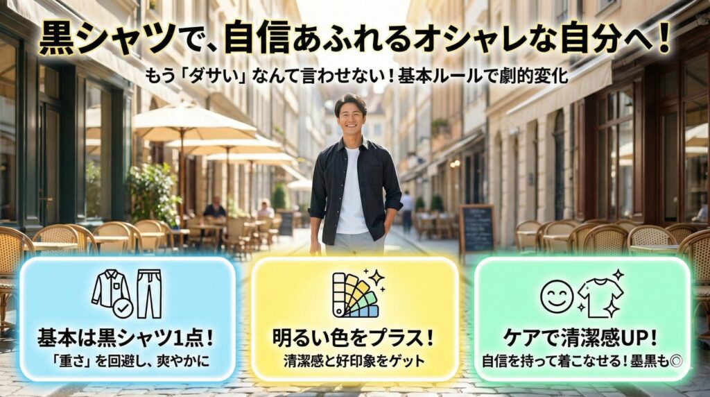 メンズの黒シャツコーデはダサくない