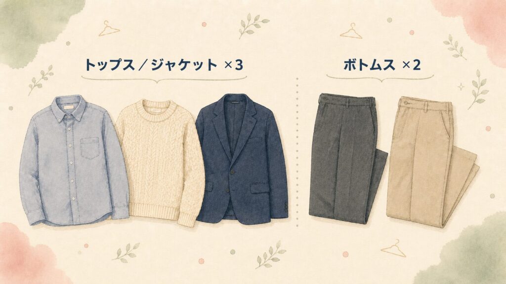 トップスまたはジャケット3点とボトムス2点のセット