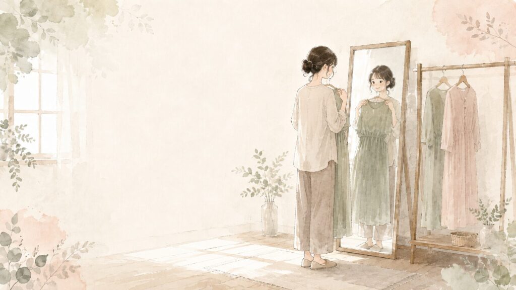 選んだ服を姿見の前で合わせる女性のイラスト